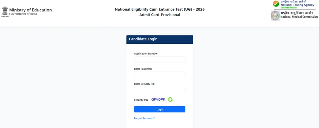 Login form imgae for NEET UG Admit Card 2026