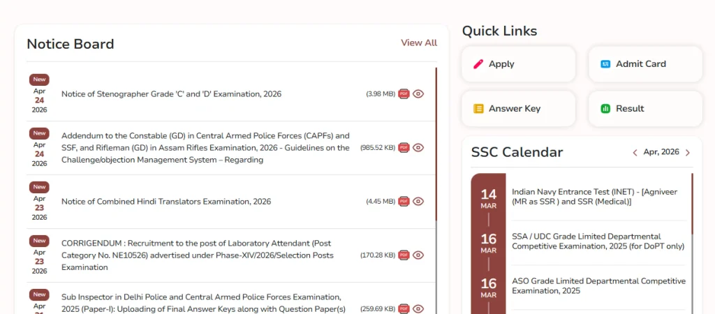 SSC website homepage for SSC Selection Post Phase 14 Cut Off 2026