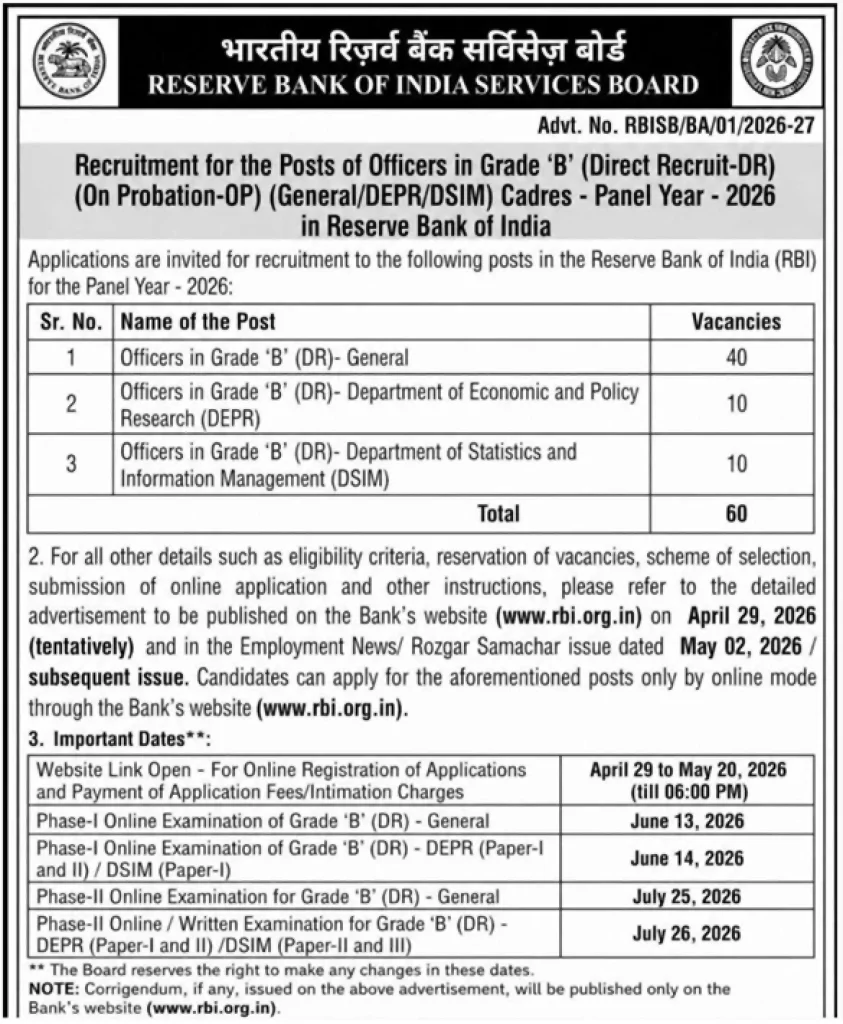 Short Notice image of RBI Officers Grade B Recruitment 2026