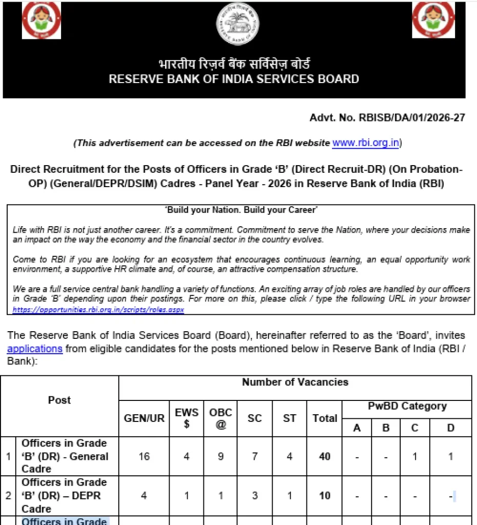 Full notification image of RBI Officers Grade B Recruitment 2026