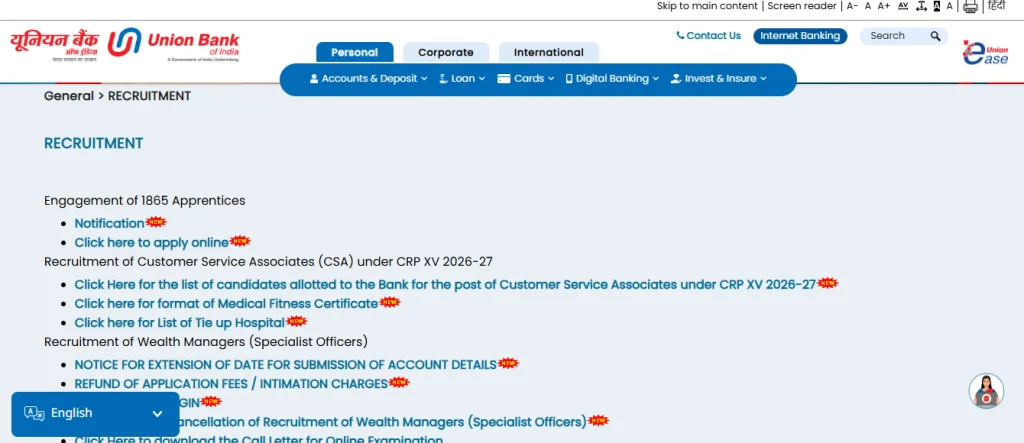 Apply Option for Union Bank of India Apprentice Recruitment 2026