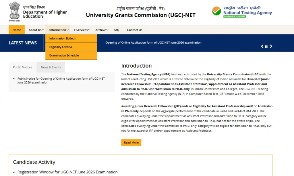 UGC NET website Homepage for UGC NET June 2026