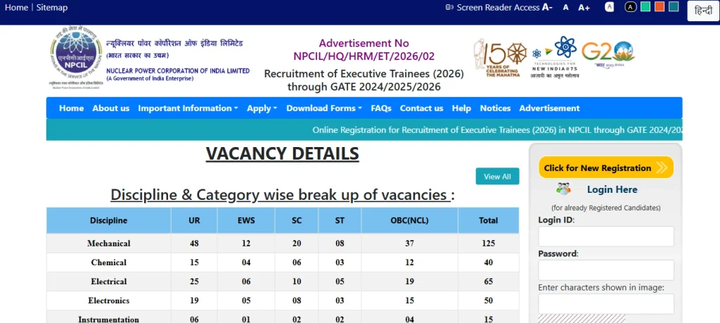 Registration and login option for NPCIL Recruitment 2026