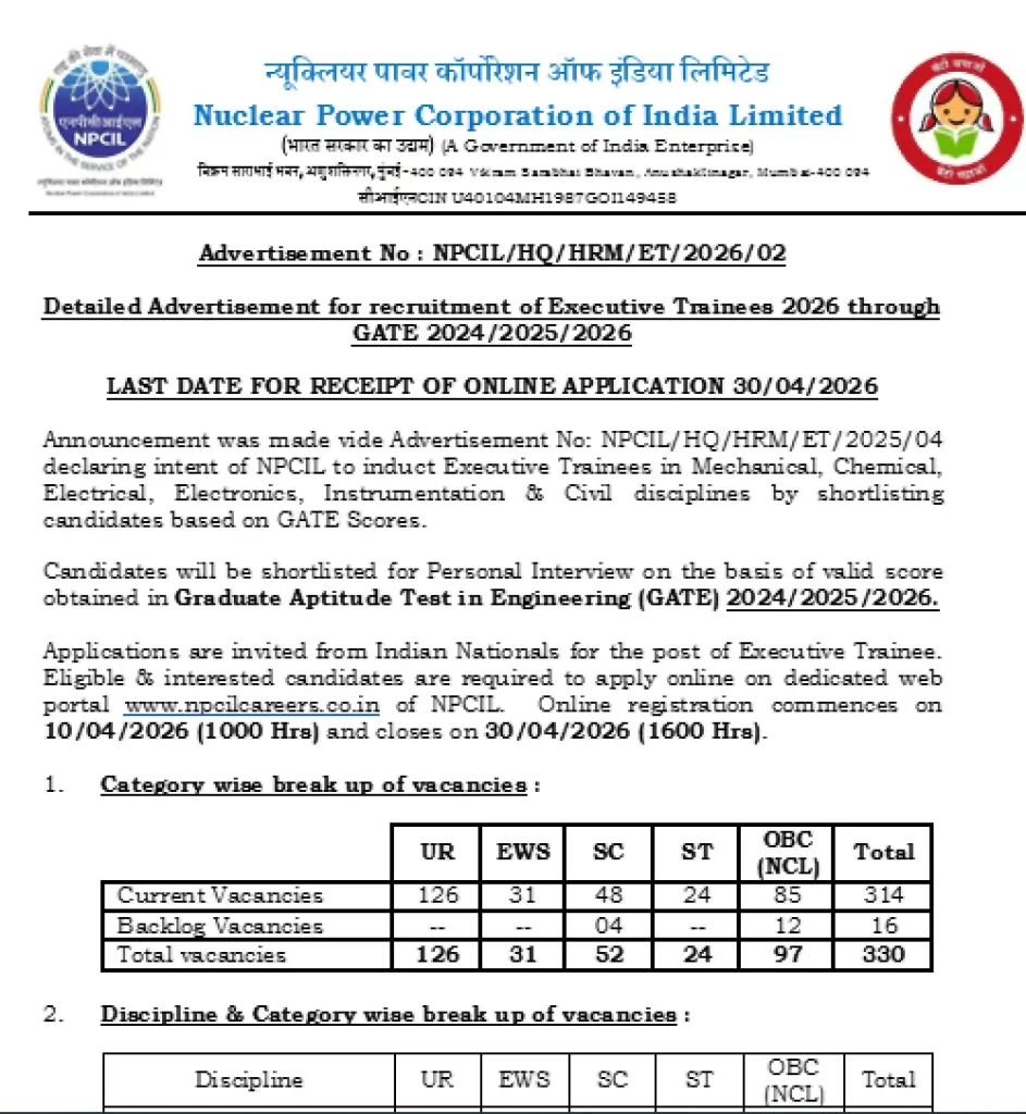 Notificaiton image of NPCIL Recruitment 2026