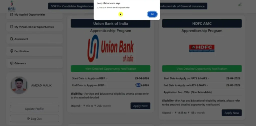 click on ok Union Bank of India Apprentice Recruitment 2026