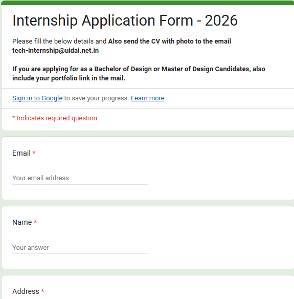 Google form image of UIDAI Internship Recruitment 2026