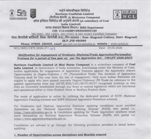 NCL Apprentice Vacancy 2026 Notification