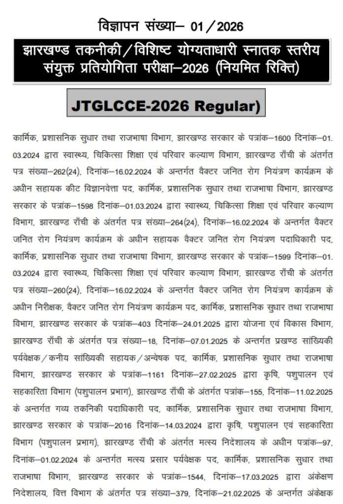 Official Notification image of JSSC JTGLCCE Recruitment 2026
