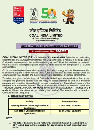 Coal India Management Trainee Recruitment 2026 Notice
