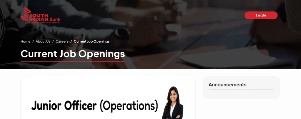 South Indian Bank website hoempage for South Indian Bank Junior Officer Recruitment 2026