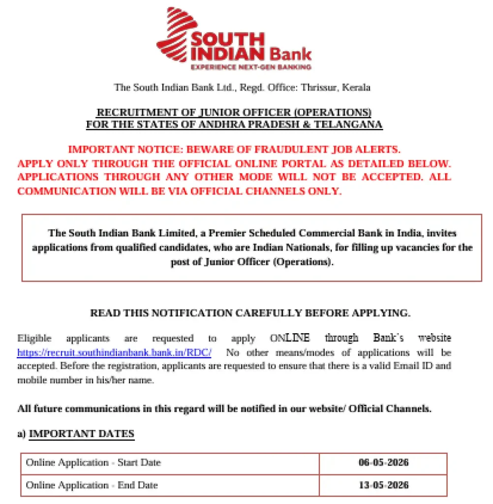 Notification of South Indian Bank Junior Officer Recruitment 2026