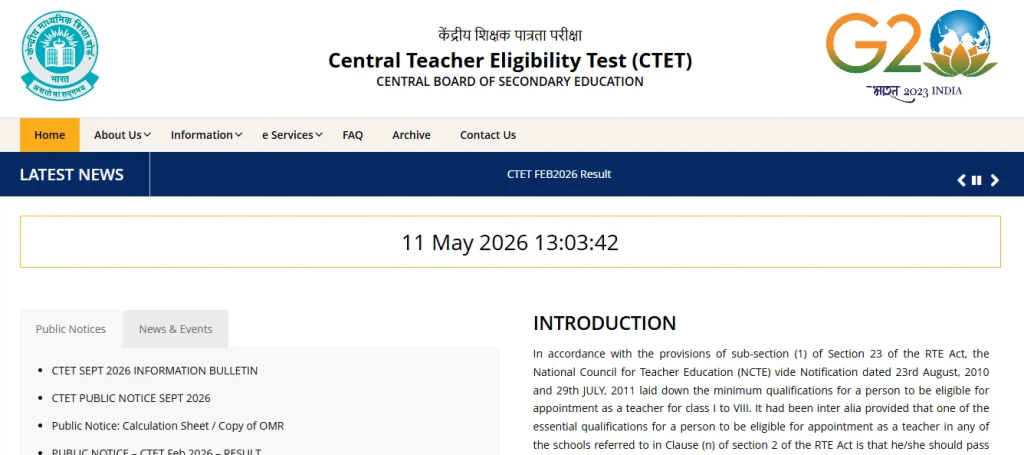 CTET website homepage of CTET September 2026