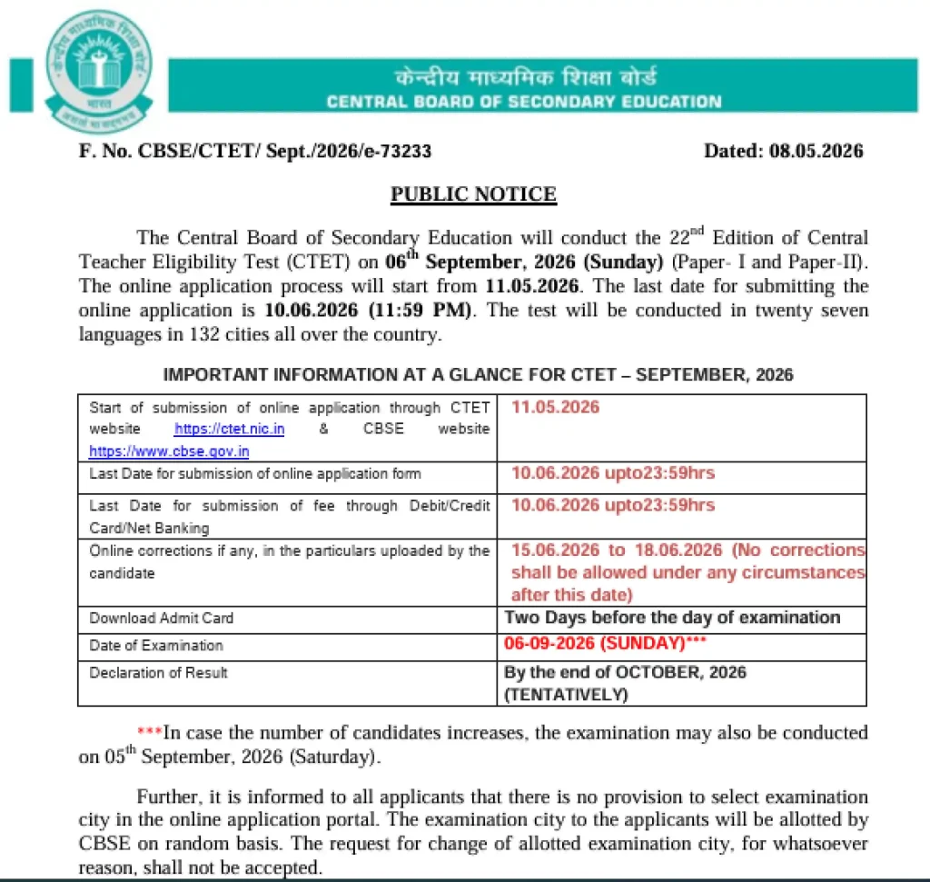 Notification image of CTET September 2026