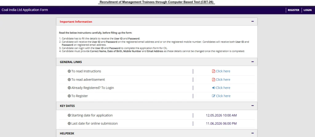 Registration and login option for Coal India Management Trainee Recruitment 2026