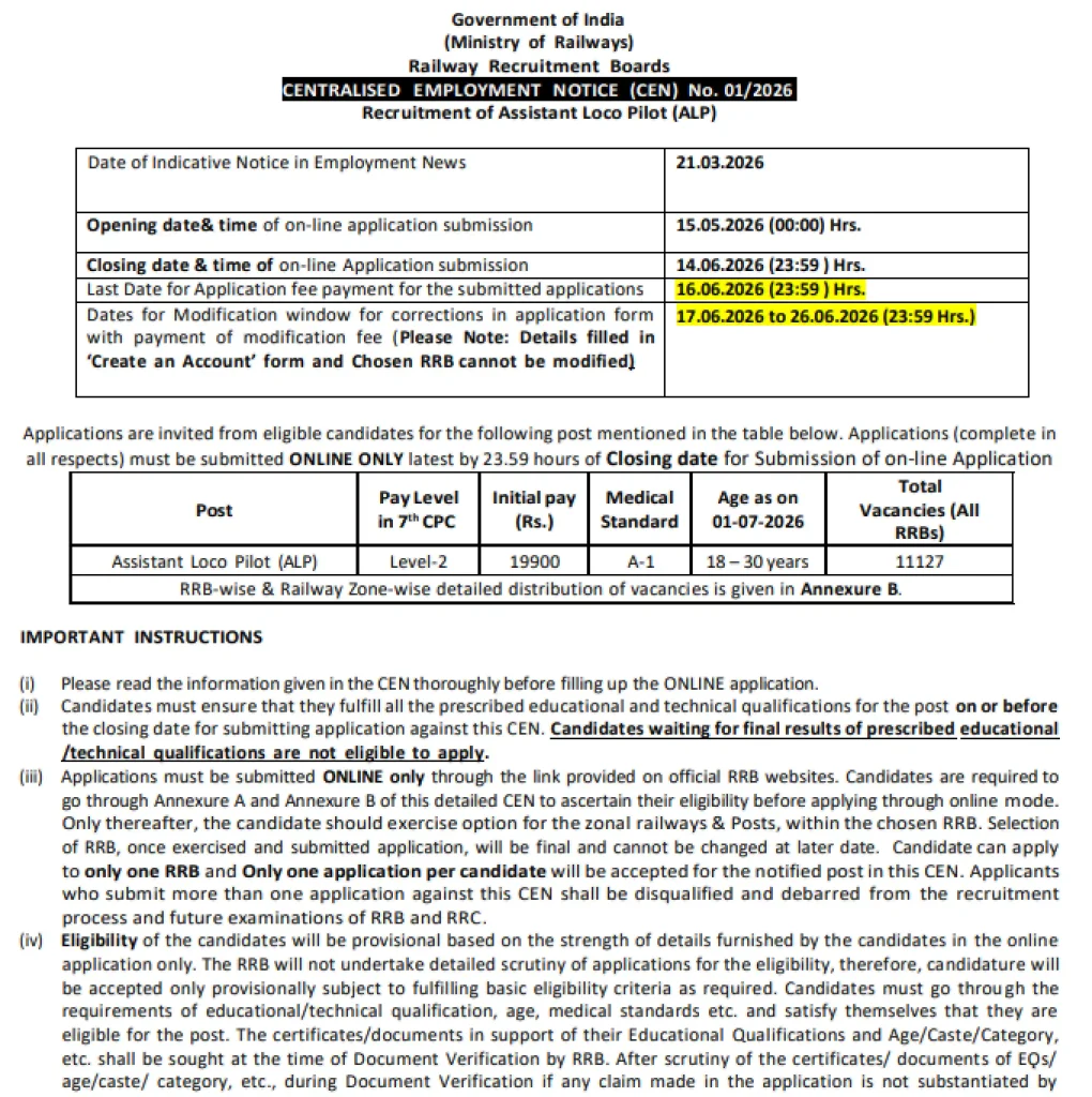 RRB ALP New Vacancy 2026-27 Dates Out Notice