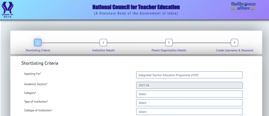 Registration form for NCTE Online Application For 2027-28