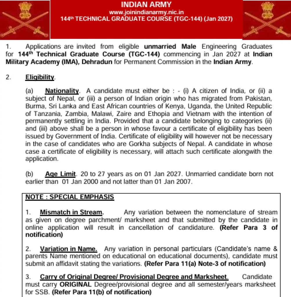 Official Notification image for Indian Army TGC 144 Entry Recruitment 2026