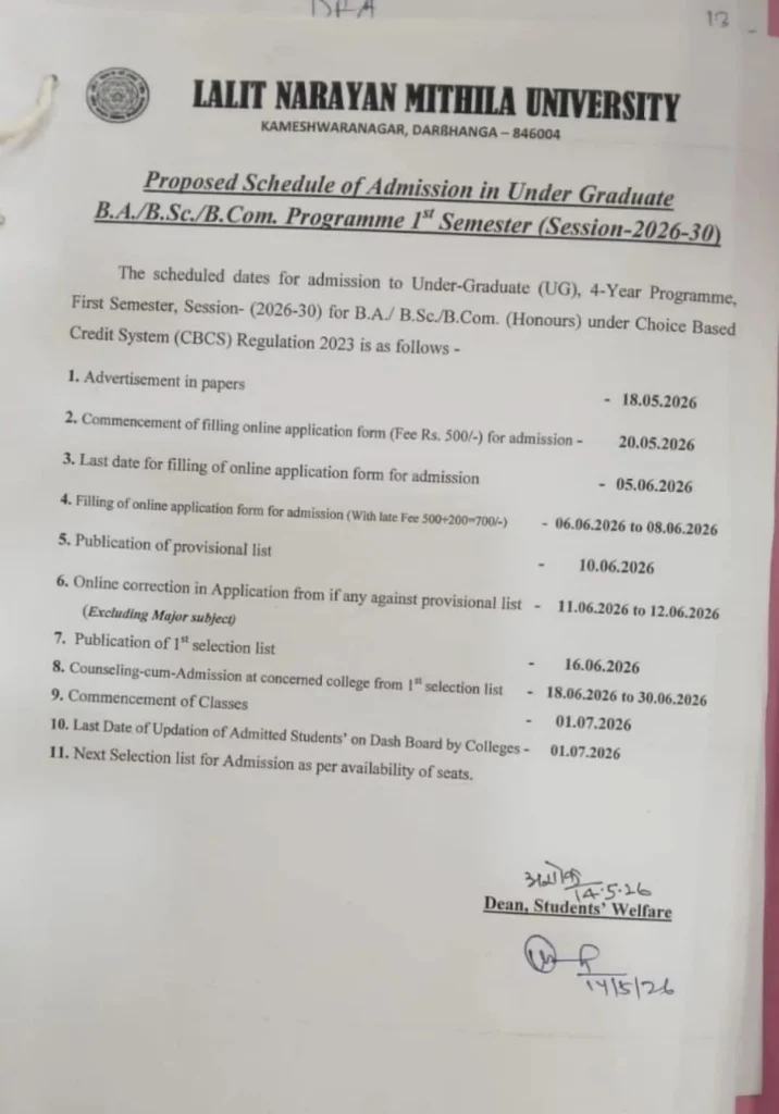 Date nOtice for LNMU UG Admission 2026
