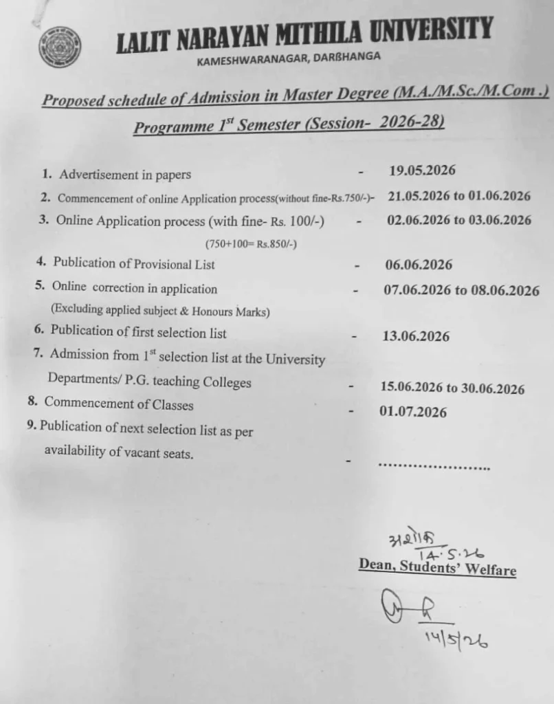 LNMU PG Admission 2026-28 Date Notice
