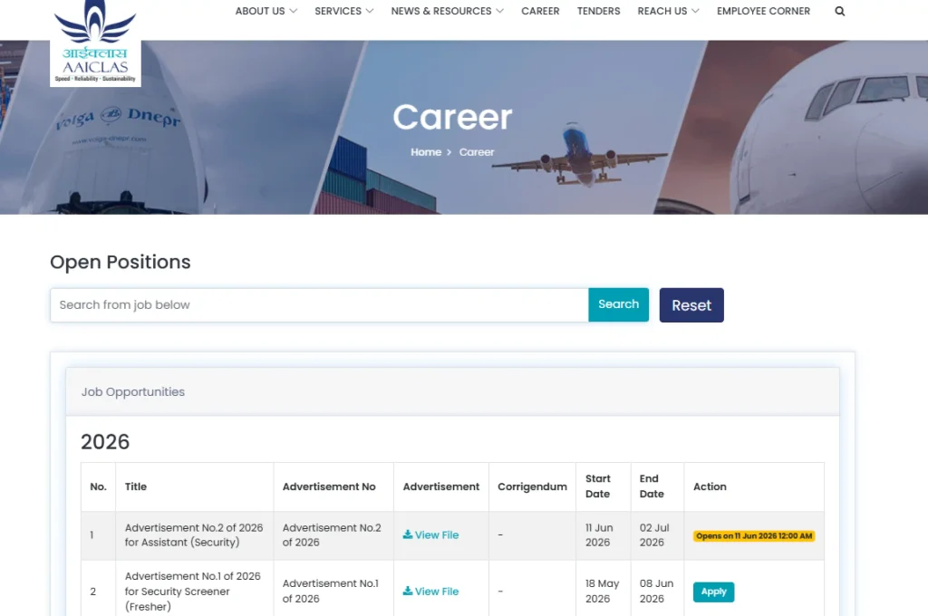 Apply option for AAICLAS Security Screener Recruitment 2026