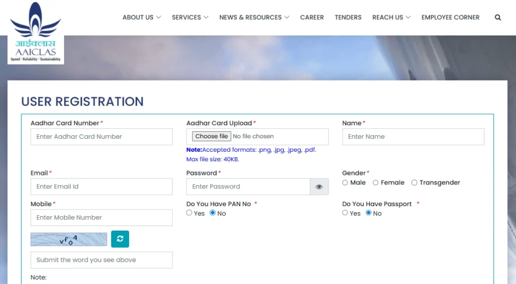 Registration form image for AAICLAS Security Screener Recruitment 2026