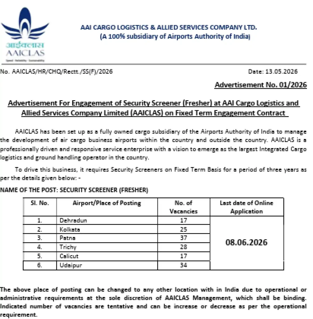 Official Notification for AAICLAS Security Screener Recruitment 2026