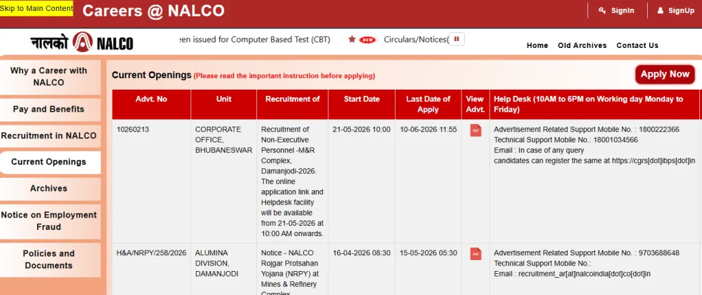 Apply option for NALCO Non-Executive Recruitment 2026