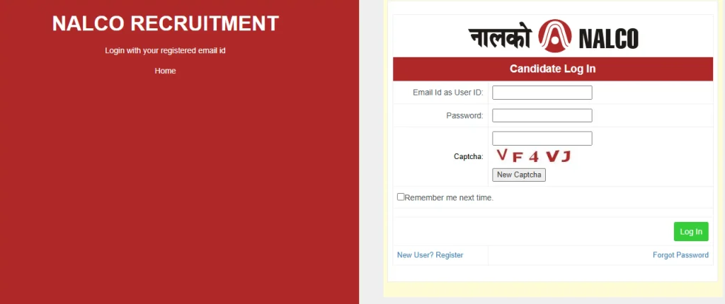 Login form for NALCO Non-Executive Recruitment 2026