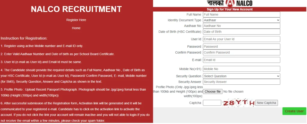 Registration form for NALCO Non-Executive Recruitment 2026