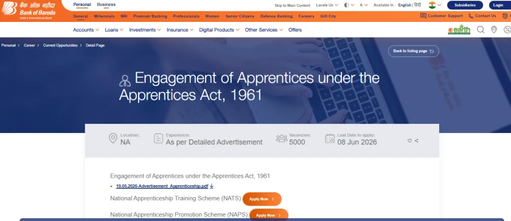 Apply link for Bank of Baroda Apprentice Recruitment 2026