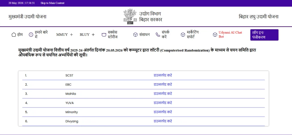 Bihar Udyami Yojana Selection List 2026 Bihar Udyami Yojana Selection List 2026 List Links