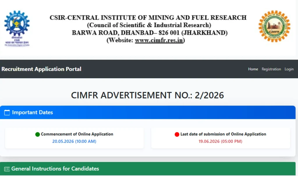 cimfr.res.in/applyonline website homepage for CSIR CIMFR Technician Recruitment 2026