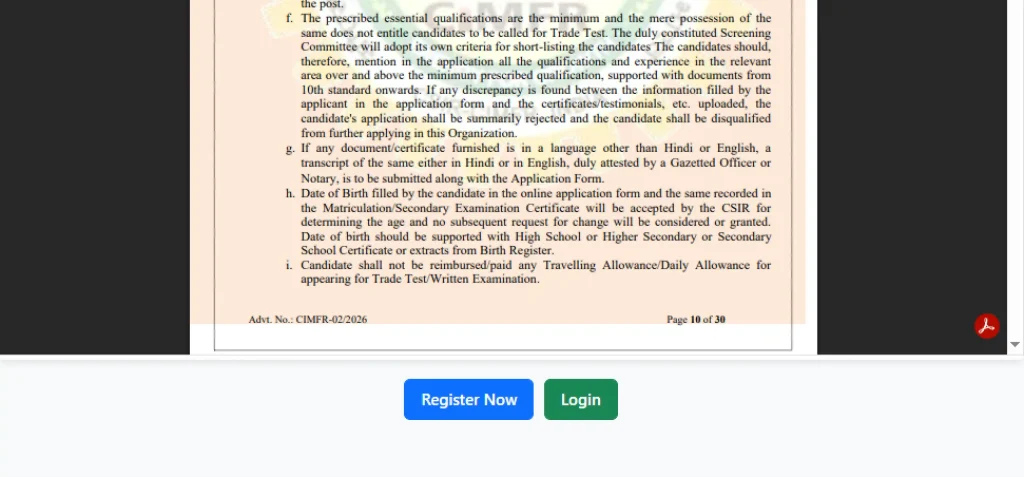 Registration option for CSIR CIMFR Technician Recruitment 2026