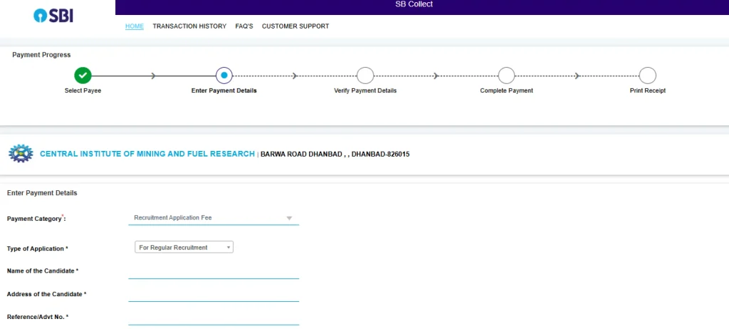 SBi Collect website homepage for CSIR CIMFR Technician Recruitment 2026