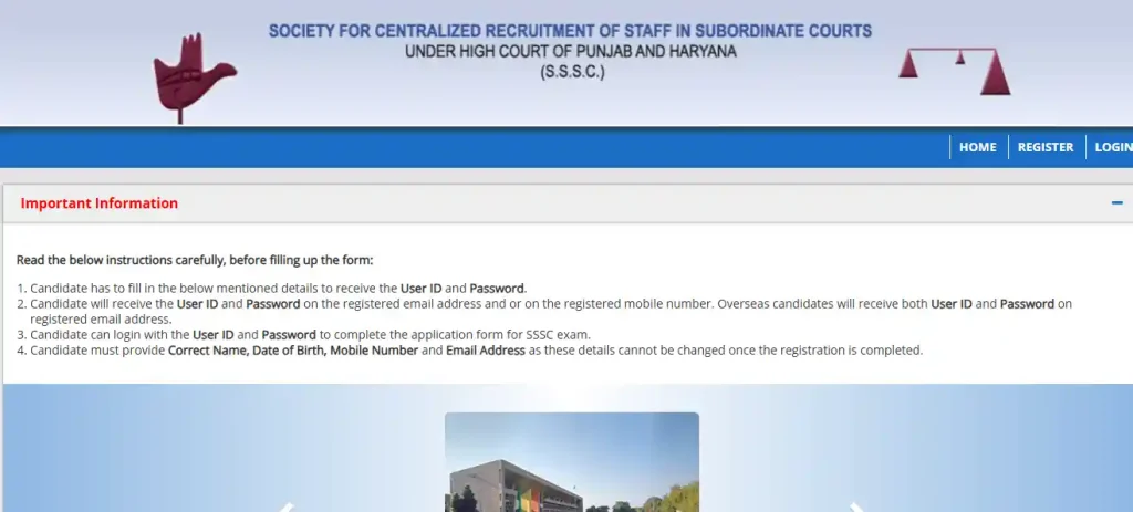 Registration and Login option for Punjab and Haryana High Court Clerk Recruitment 2026