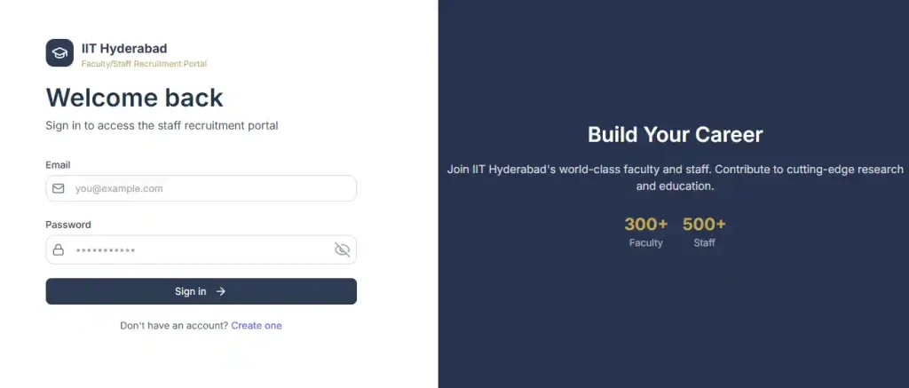 Login page for IIT Hyderabad Non Teaching Recruitment 2026