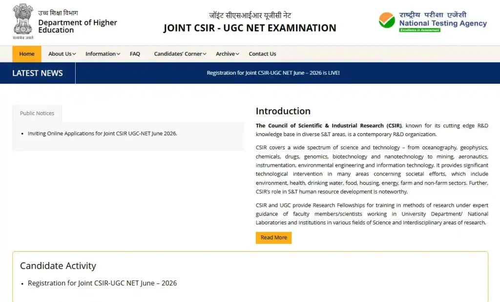 NTA Joint CSIR UGC NET website homepage of CSIR UGC NET June 2026