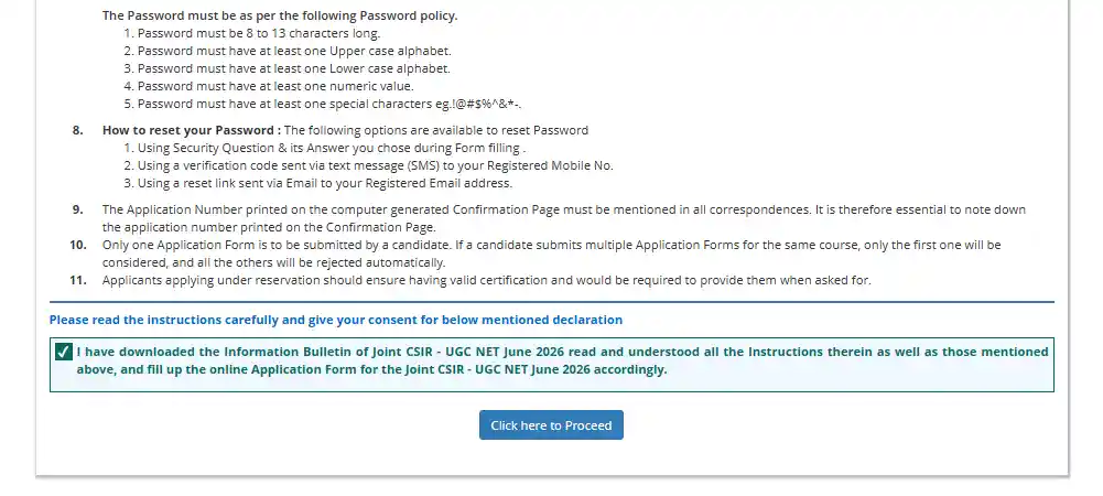 information and Declaration option of CSIR UGC NET June 2026