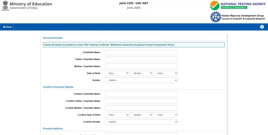 Registration form image of CSIR UGC NET June 2026