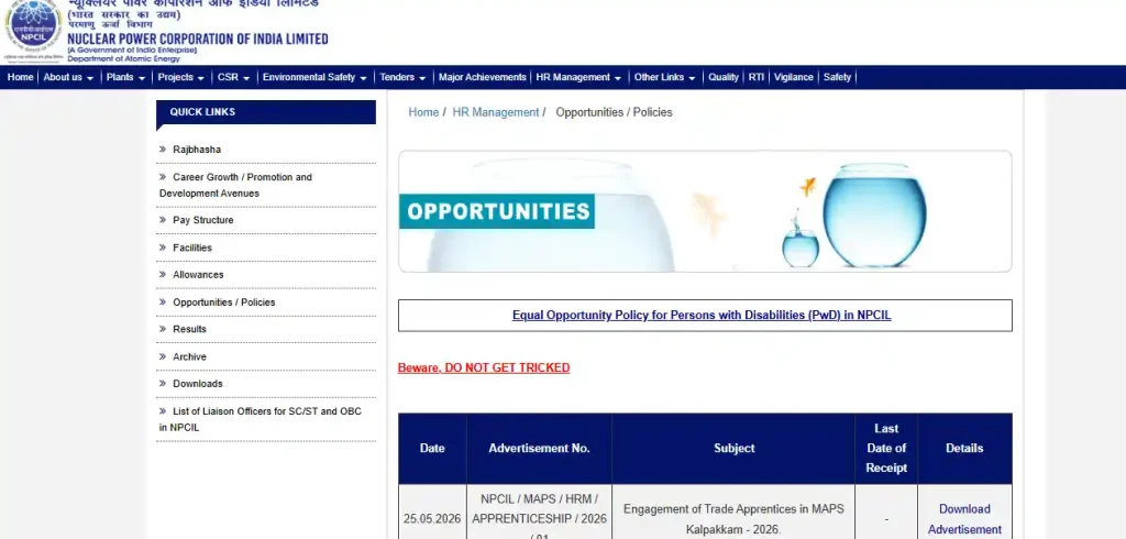 Notification download link for NPCIL MAPS Apprentices Recruitment 2026