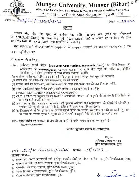 1st Merit List 2026 Out For Munger University UG Admission 2026