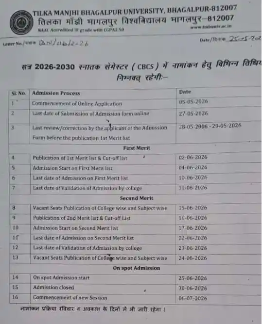 Merit list dates notice image of TMBU UG 1st Merit List 2026-30