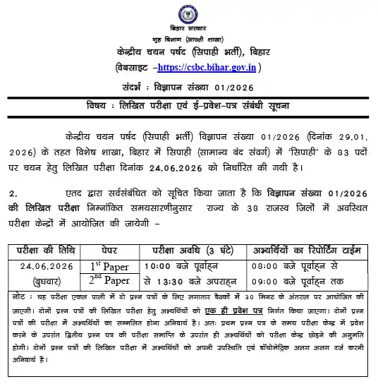 Exam Notice image of Bihar Police Special Branch Vacancy 2026