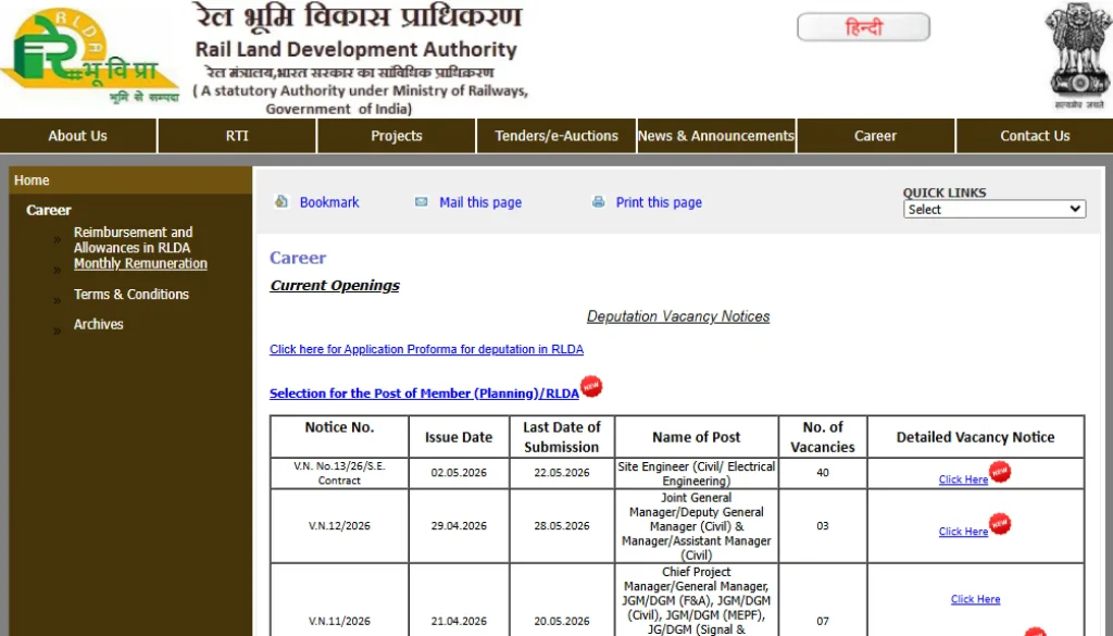 Form download Linkfor RLDA Site Engineer Recruitment 2026