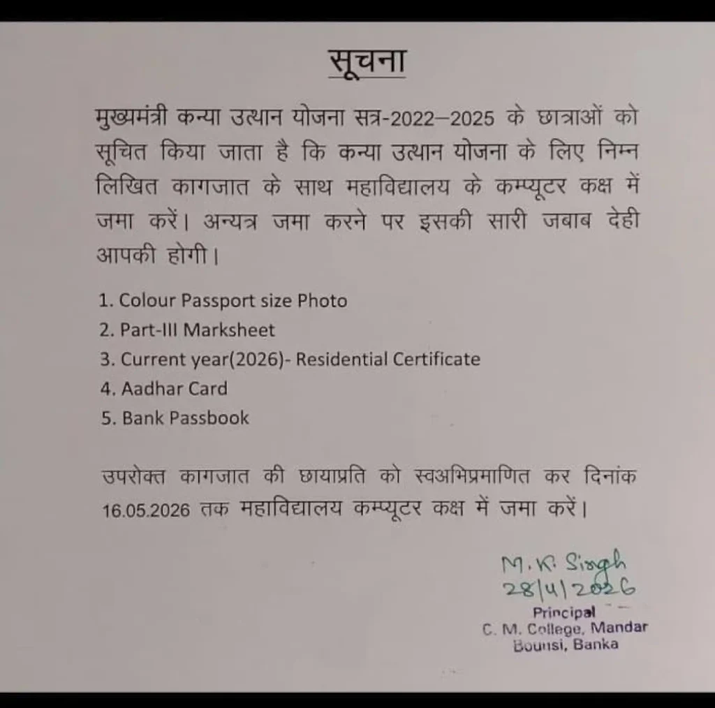 Document list of Mukhyamantri Kanya Utthan Yojana Graduation 2026