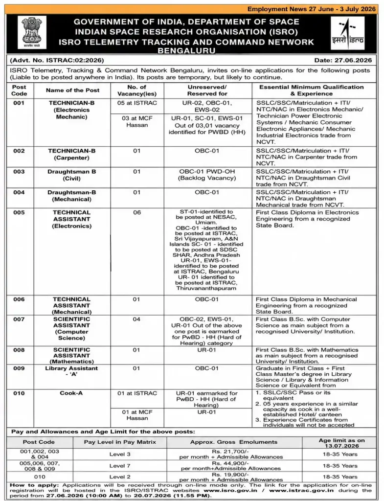 Short Notification image of ISRO ISTRAC Recruitment 2026
