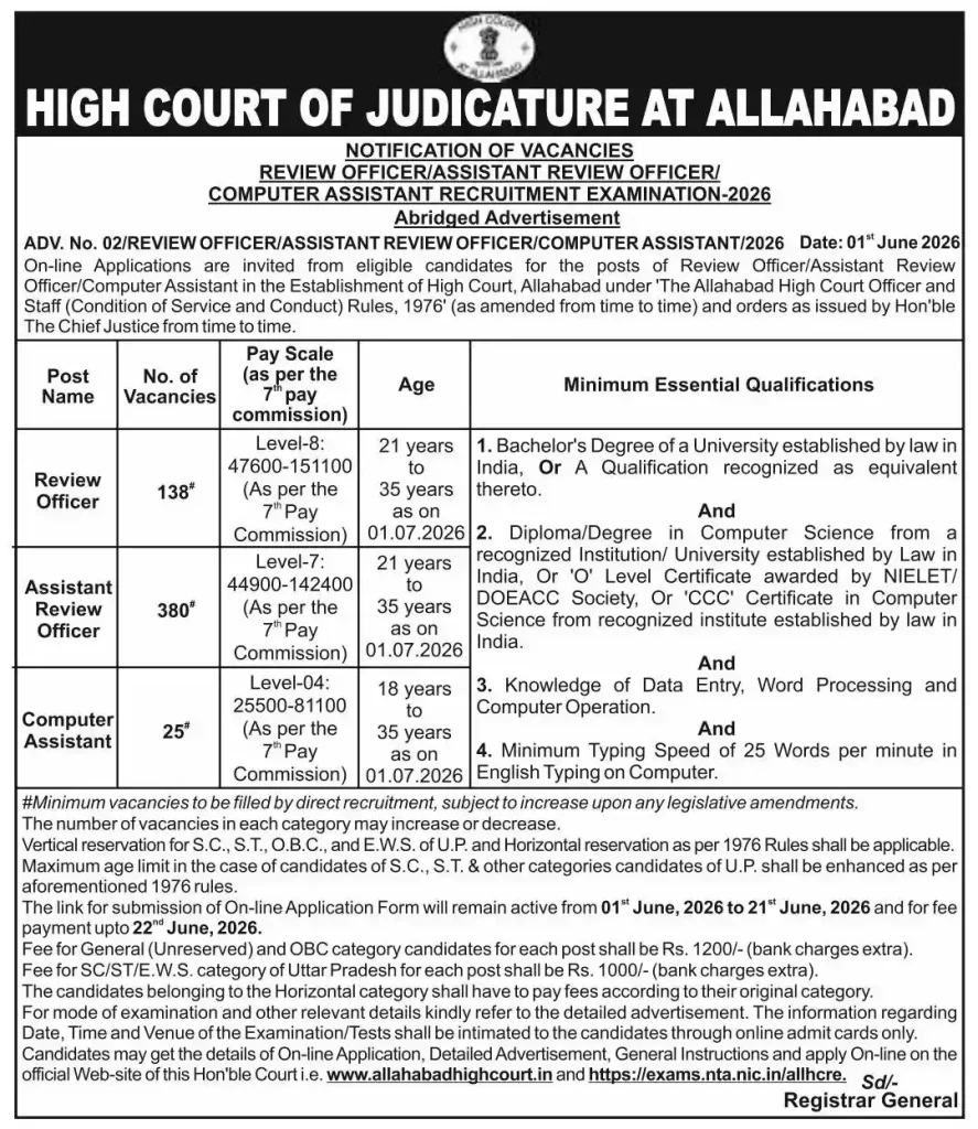 Allahabad High Court RO ARO Recruitment 2026 Short Notice image of Allahabad High Court RO ARO Recruitment 2026