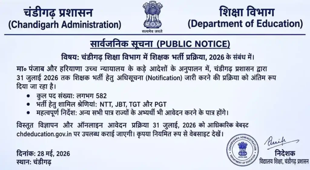 Short notice image of Chandigarh Teacher Recruitment 2026