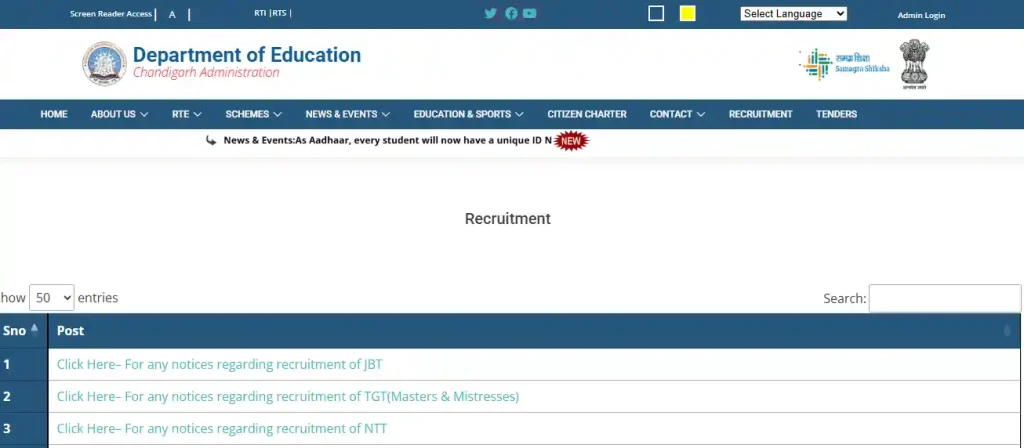 Recruitment page of Chandigarh Teacher Recruitment 2026