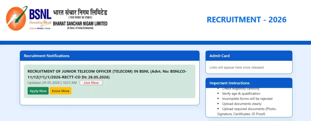 Apply link for BSNL JTO Recruitment 2026